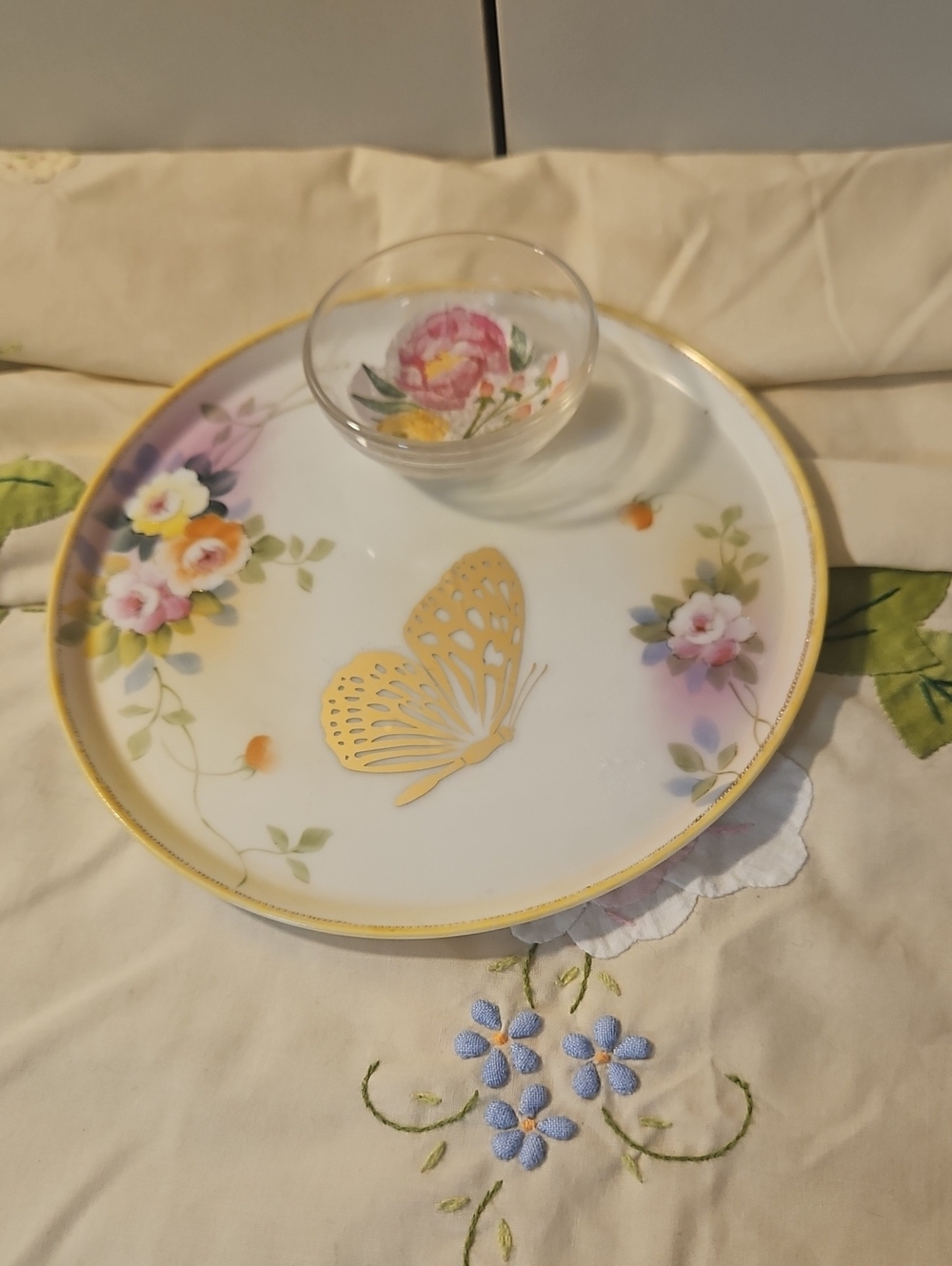 Summer Clearance Upcycled, Vtg Nippon Butterfly/Floral Trinket Dish 6"